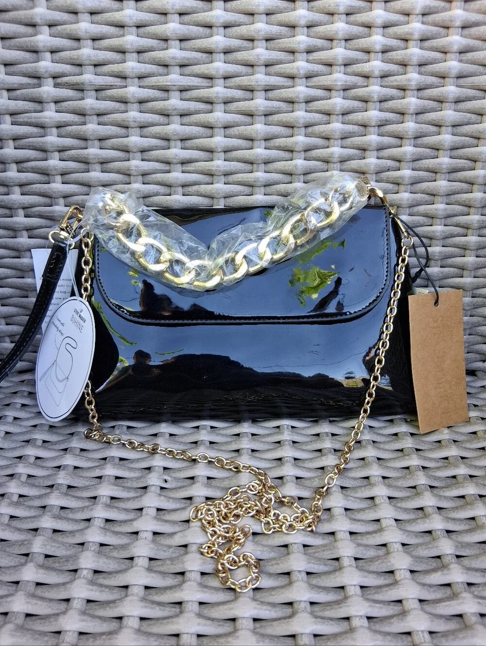 Steve Madden Black Patent Shoulder Bag with Gold Chain Accent